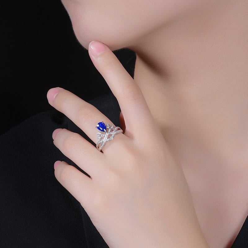 Internet celebrity's same - style luxury water - drop pear - shaped crown ring, European and American simulation diamond ring, colored gemstone ring. - Image 6