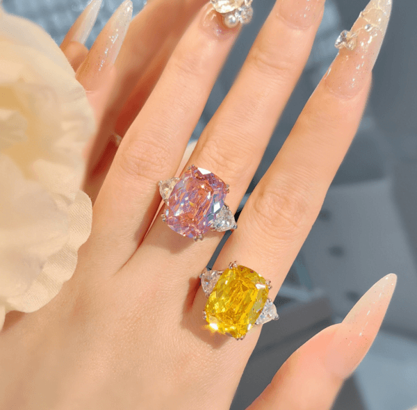 Super flash luxury Redeen cut long pillow shaped pink zircon ring simple temperament rectangular yellow diamond open ring - Image 3