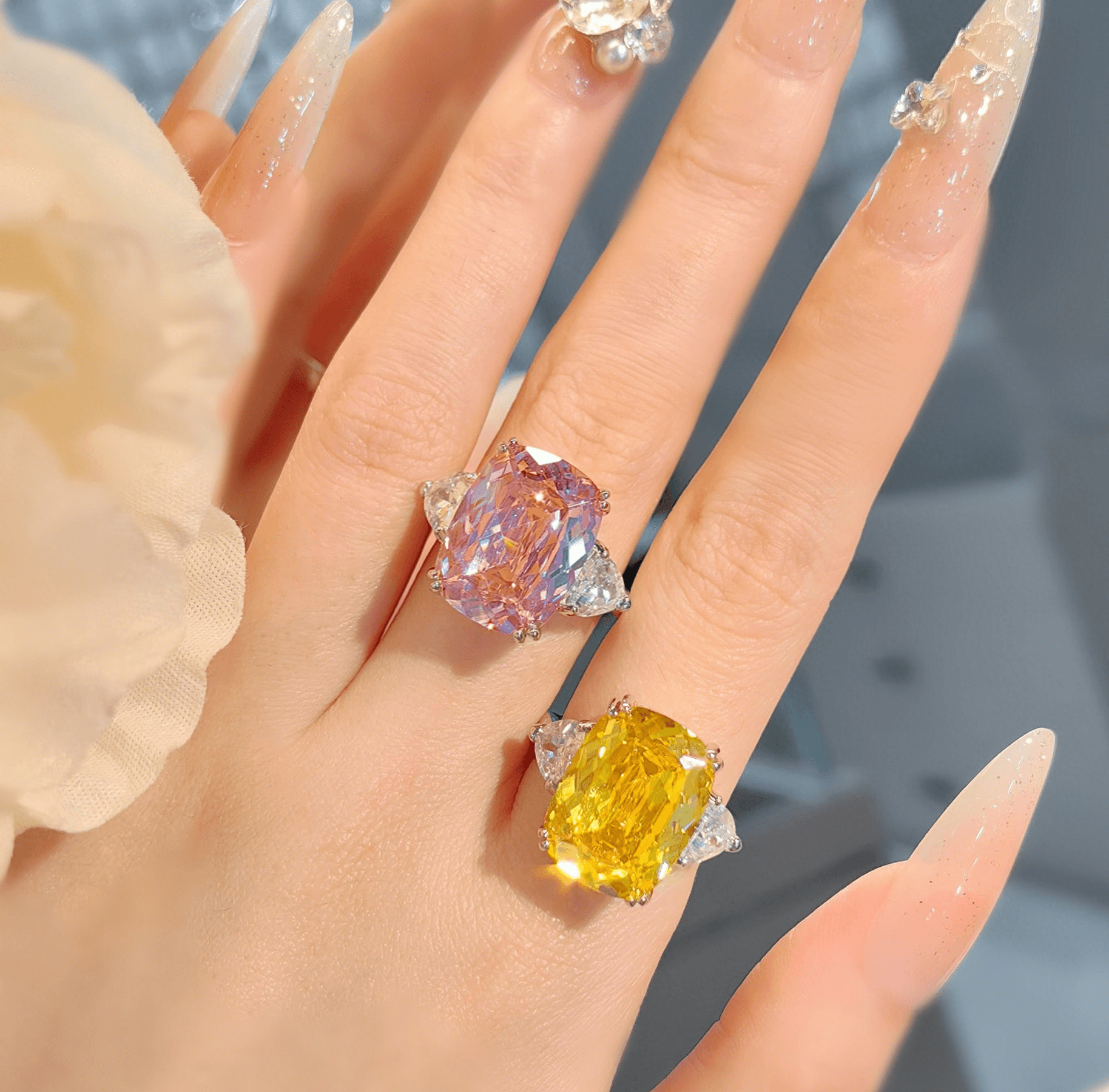 Super flash luxury Redeen cut long pillow shaped pink zircon ring simple temperament rectangular yellow diamond open ring - Image 3