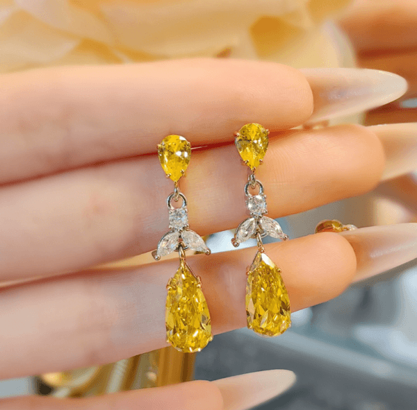 Light luxury small fragrance water drop yellow diamond earrings imported high carbon diamond studs temperament all match pink diamond crystal earrings - Image 3