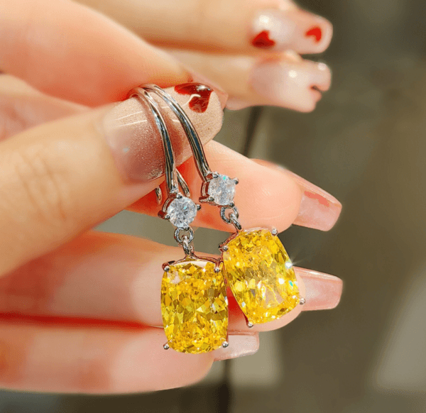 Luxurious artificial yellow diamond rectangular earrings set with high - carbon diamonds, pink zirconium ear hooks, versatile, with a sense of temperament and high - grade. - Image 3