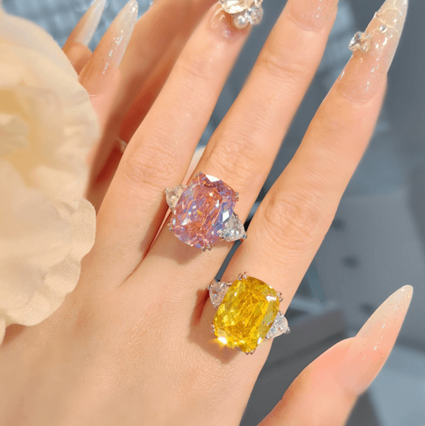 Super Flash luxury Redeen cut long pillow shaped pink zircon ring temperament rectangular yellow diamond open ring - Image 5