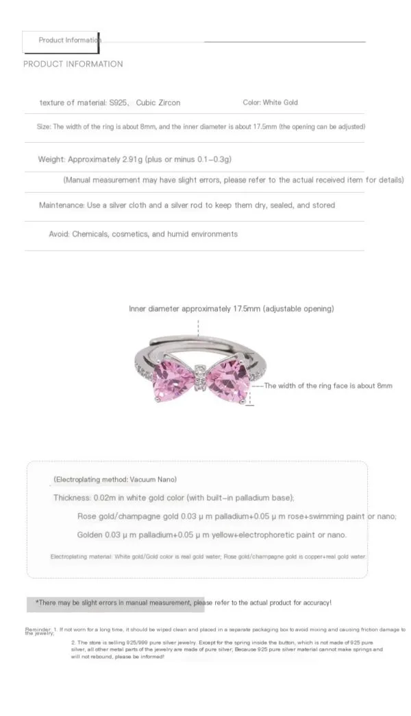 925 Silver Sweet Girl Pink Zircon Bow Ring, Charming Open Ring, Bestseller Pink gemstone ring - Image 9