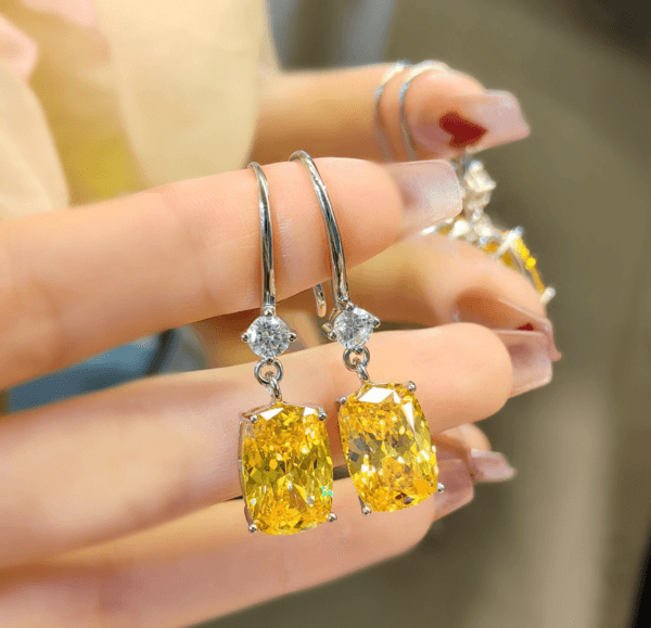 Luxurious artificial yellow diamond rectangular earrings set with high - carbon diamonds, pink zirconium ear hooks, versatile, with a sense of temperament and high - grade. - Image 5