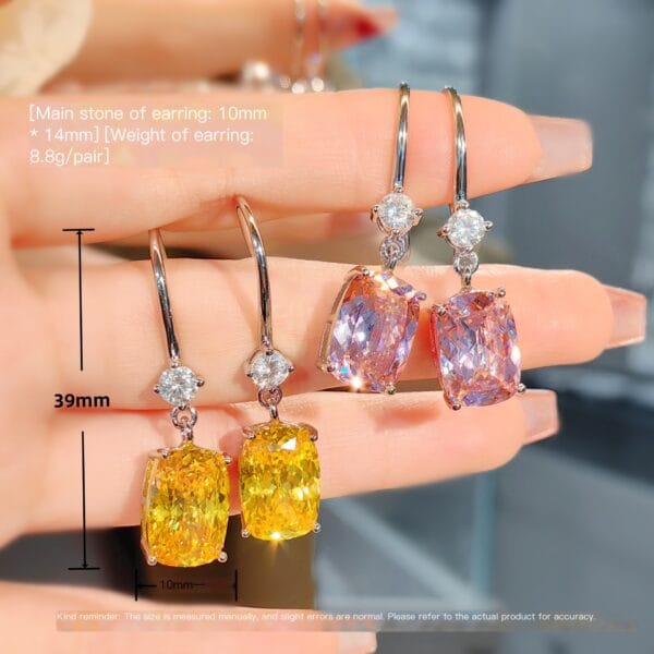 Luxurious artificial yellow diamond rectangular earrings set with high - carbon diamonds, pink zirconium ear hooks, versatile, with a sense of temperament and high - grade. - Image 6