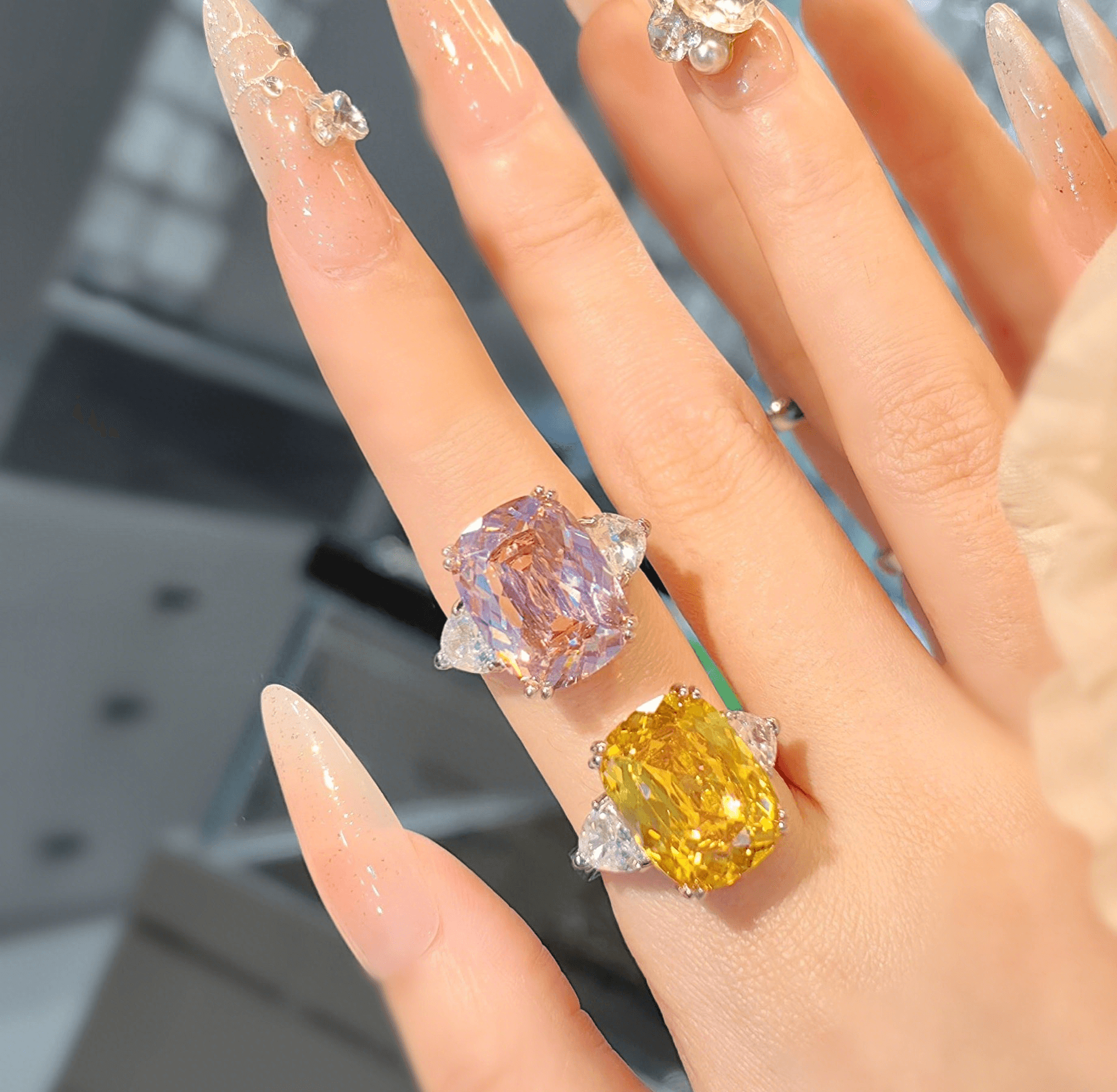 Super flash luxury Redeen cut long pillow shaped pink zircon ring simple temperament rectangular yellow diamond open ring - Image 5