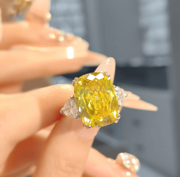 Super Flash luxury Redeen cut long pillow shaped pink zircon ring temperament rectangular yellow diamond open ring - Image 6