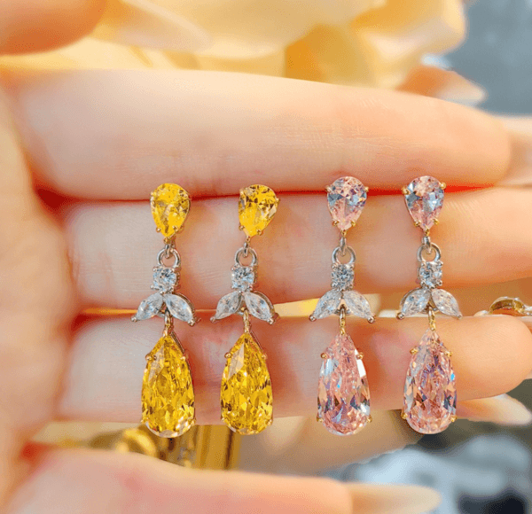 Light luxury small fragrance water drop yellow diamond earrings imported high carbon diamond studs temperament all match pink diamond crystal earrings - Image 5