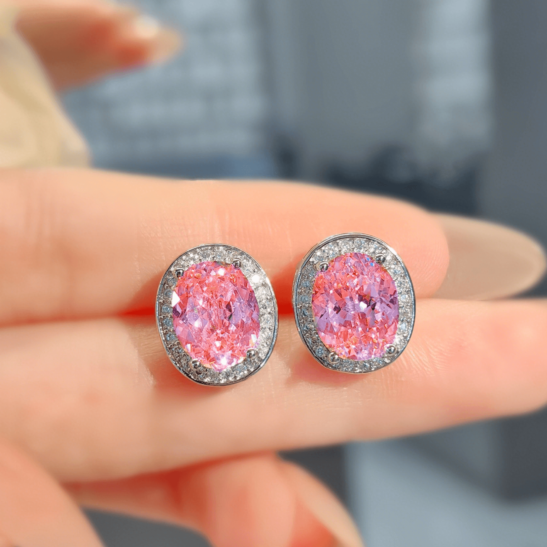 Fashion temperament purple ice flower cut earrings simple everything goose egg pink diamond high carbon diamond earrings - Image 2