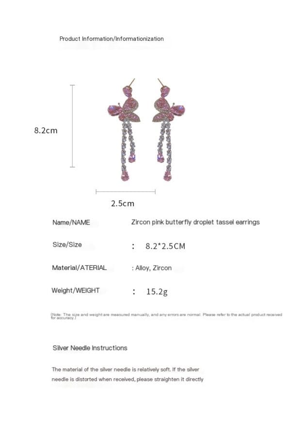 Silver needle zircon pink butterfly water drop long tassel earrings Sen fashion temperament earrings sweet light luxury earrings - Image 8