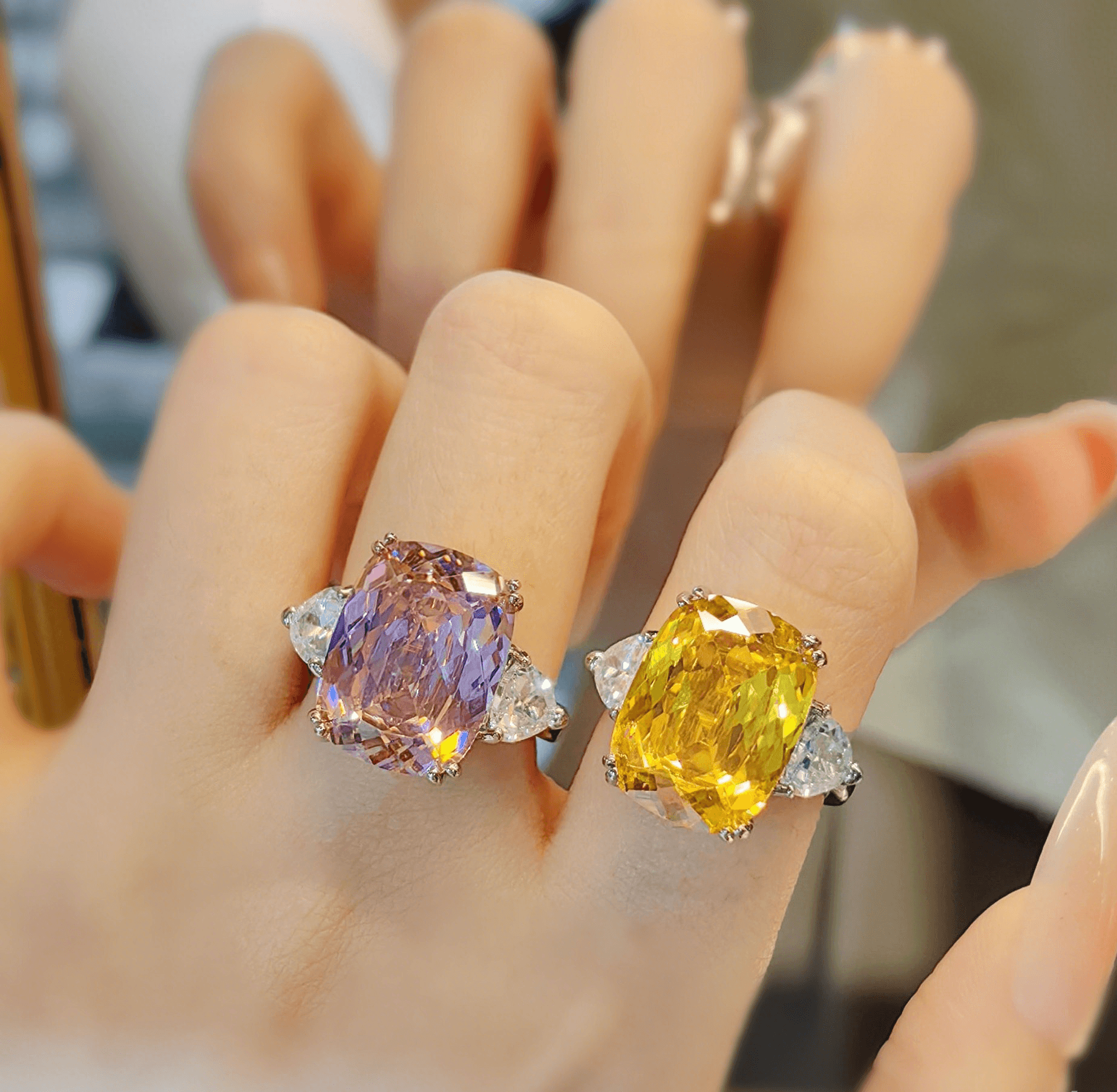 Super flash luxury Redeen cut long pillow shaped pink zircon ring simple temperament rectangular yellow diamond open ring - Image 2