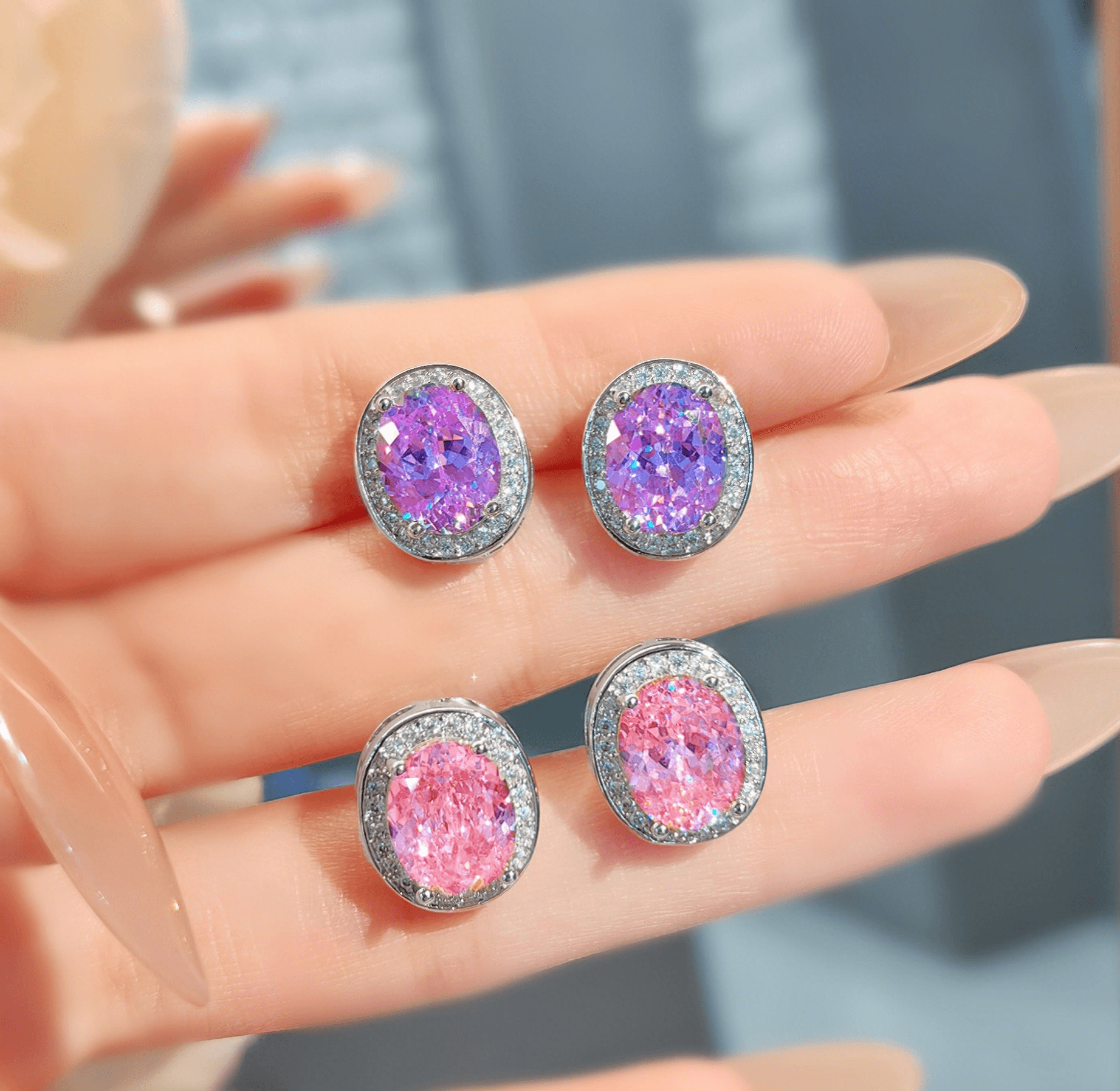 Fashion temperament purple ice flower cut earrings simple everything goose egg pink diamond high carbon diamond earrings - Image 3