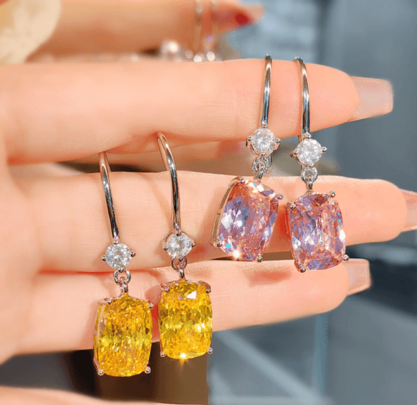 Luxurious artificial yellow diamond rectangular earrings set with high - carbon diamonds, pink zirconium ear hooks, versatile, with a sense of temperament and high - grade. - Image 7