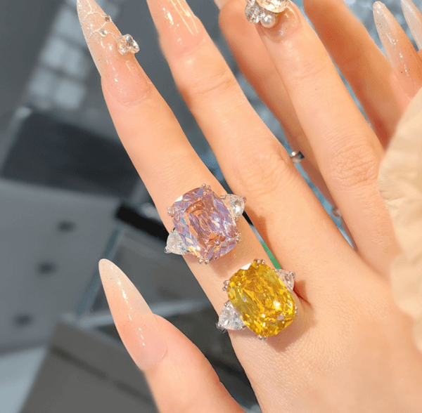 Super Flash luxury Redeen cut long pillow shaped pink zircon ring temperament rectangular yellow diamond open ring - Image 3
