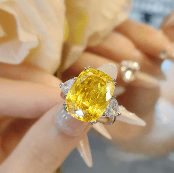 Super Flash luxury Redeen cut long pillow shaped pink zircon ring temperament rectangular yellow diamond open ring - Image 4