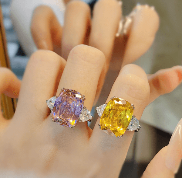 Super Flash luxury Redeen cut long pillow shaped pink zircon ring temperament rectangular yellow diamond open ring - Image 7
