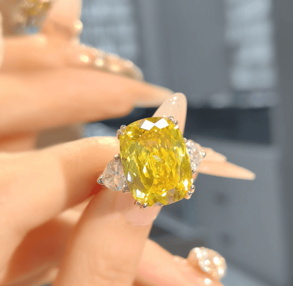 Super flash luxury Redeen cut long pillow shaped pink zircon ring simple temperament rectangular yellow diamond open ring - Image 4