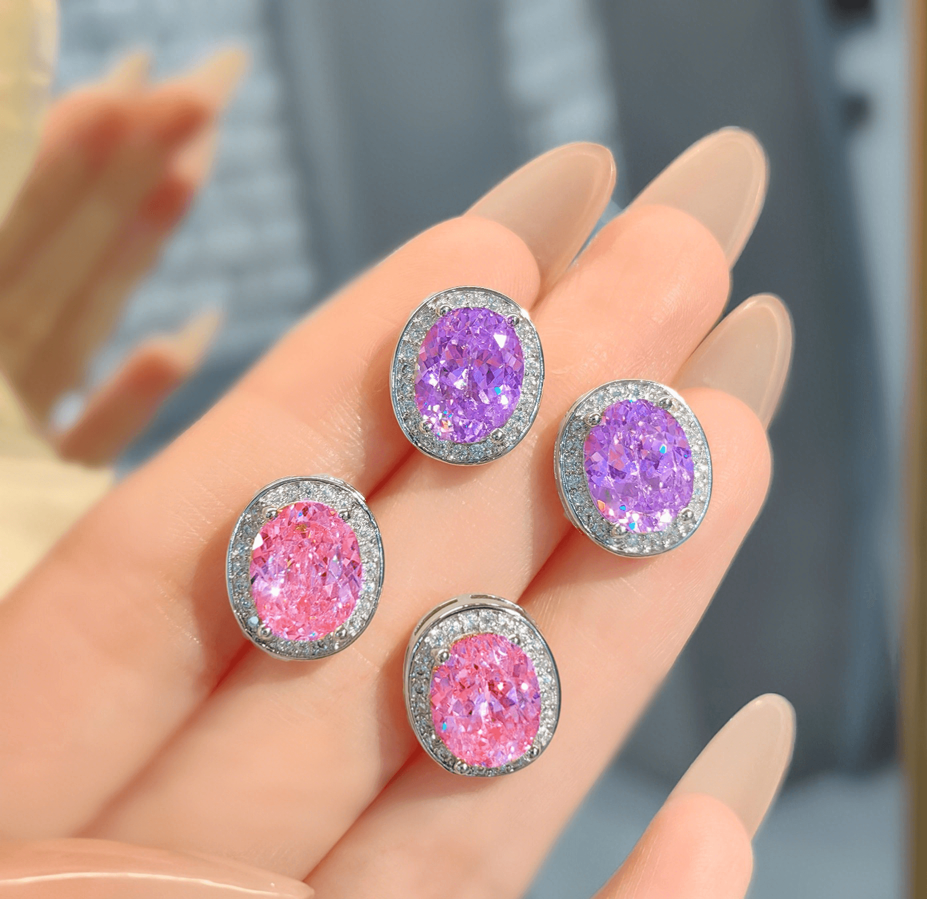 Fashion temperament purple ice flower cut earrings simple everything goose egg pink diamond high carbon diamond earrings - Image 4