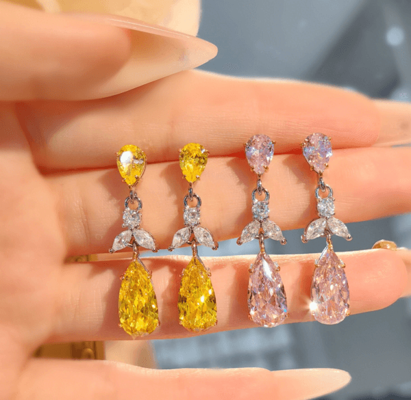 Light luxury small fragrance water drop yellow diamond earrings imported high carbon diamond studs temperament all match pink diamond crystal earrings - Image 4