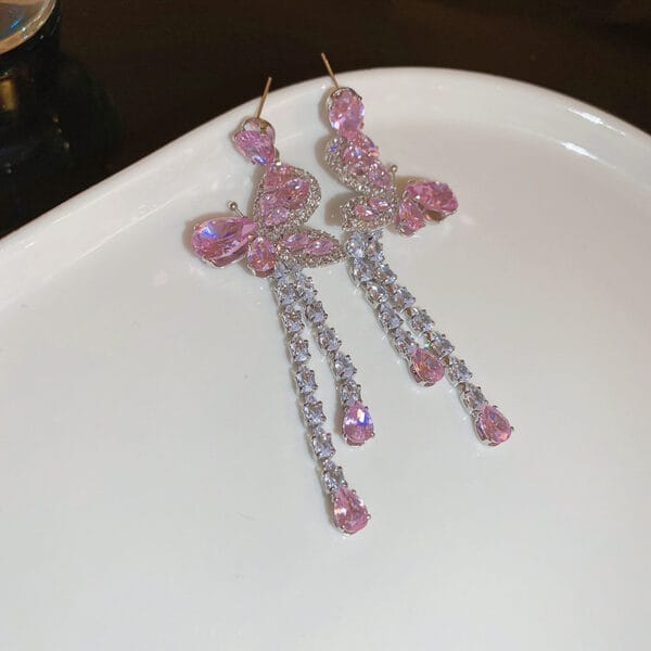 Silver needle zircon pink butterfly water drop long tassel earrings Sen fashion temperament earrings sweet light luxury earrings - Image 6
