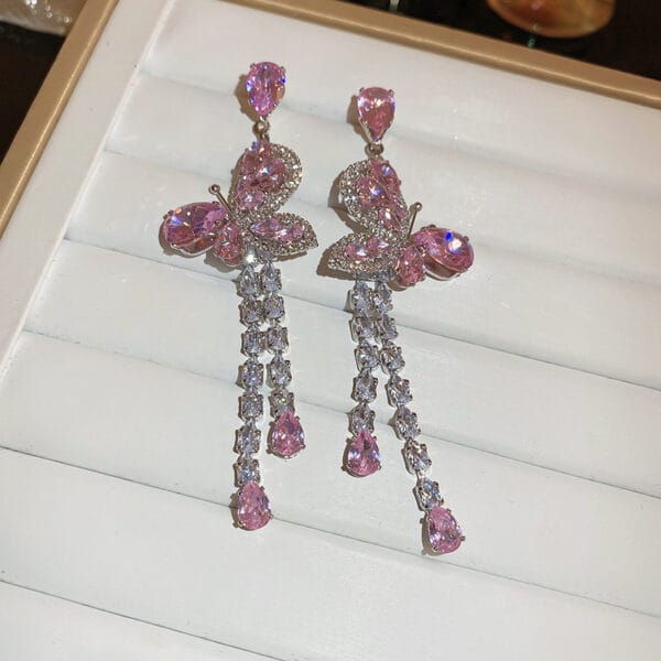 Silver needle zircon pink butterfly water drop long tassel earrings Sen fashion temperament earrings sweet light luxury earrings - Image 7