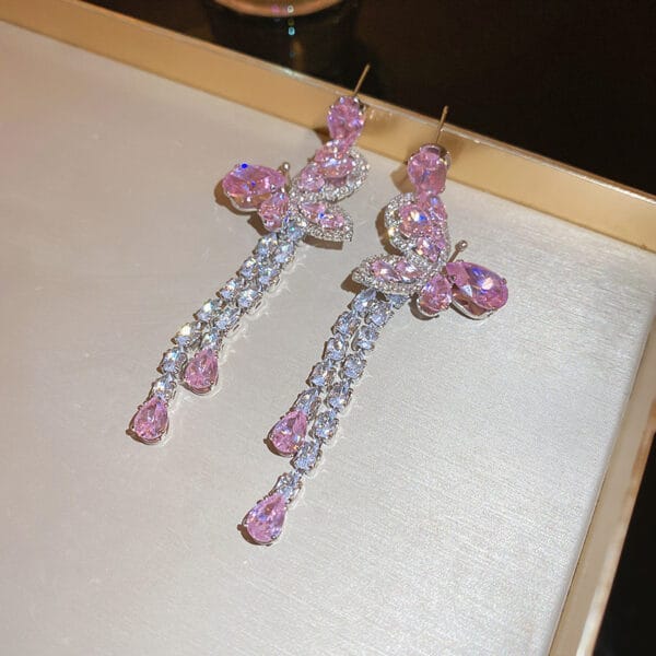 Silver needle zircon pink butterfly water drop long tassel earrings Sen fashion temperament earrings sweet light luxury earrings - Image 9