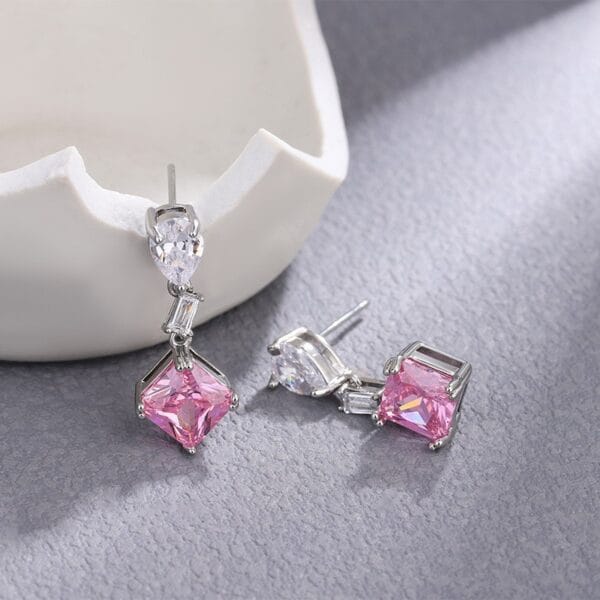Square pink jewel earrings feminine summer light luxury simple wind water drop color zircon earrings - Image 2