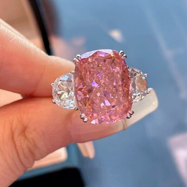 Reddened Chipped Blazing Long Pillow-shaped Pink Zirconia, Hot-Selling New Product in Live Streaming by Internet Celebrities, Simple and Stylish Openwork Ring - Image 2