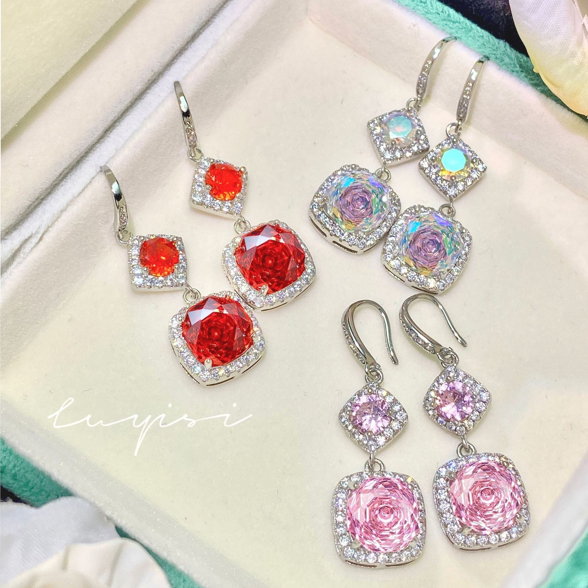 Rose cut red earrings bright pink diamond square earrings Long gradient earrings - Image 2