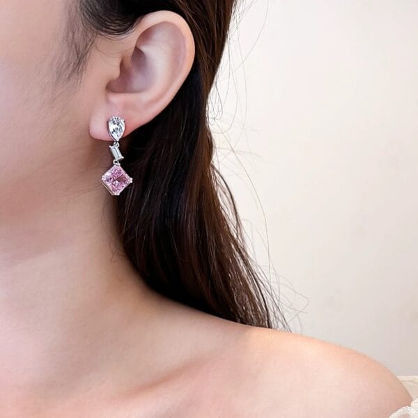 Square pink jewel earrings feminine summer light luxury simple wind water drop color zircon earrings - Image 4