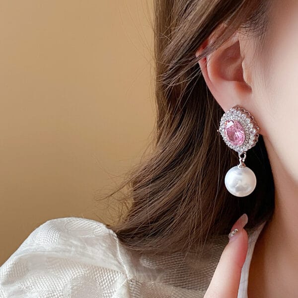 Silver needle high sense girl powder zircon pearl earrings light luxury all-matching earrings high sense temperament fashion earrings - Image 2