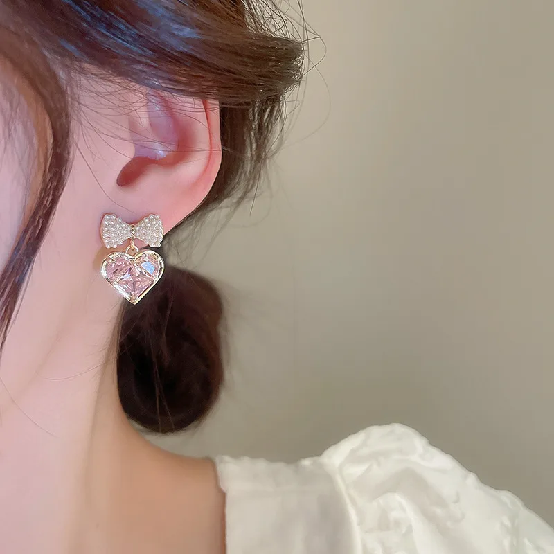 Electroplated silver needle pearl bow zircon earrings Japan and South Korea girl sweet love earrings studs high-grade sense earrings - Image 6