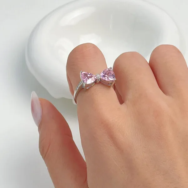 925 Silver Sweet Girl Pink Zircon Bow Ring, Charming Open Ring, Bestseller Pink gemstone ring - Image 3