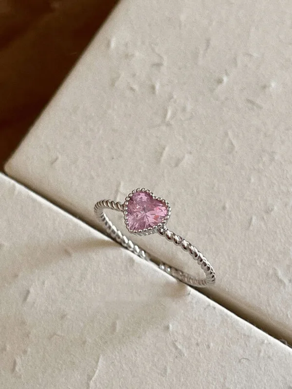 S925 Silver Love Ring Pink Heart Zircon Pink gem ring Daily commuter temperament female ring sweet - Image 5