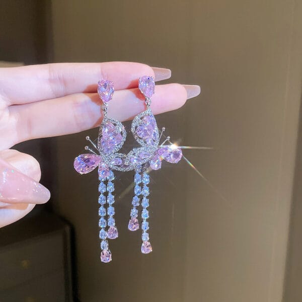 Silver needle zircon pink butterfly water drop long tassel earrings Sen fashion temperament earrings sweet light luxury earrings - Image 2