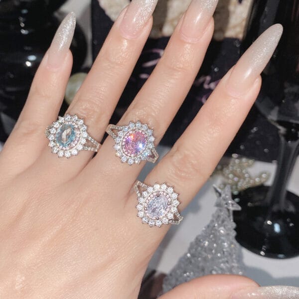 New pink zircon imitation aquamarine sunflower ring women luxury full of diamond imitation Topa stone color Jewel jewelry pink jewel ring - Image 5