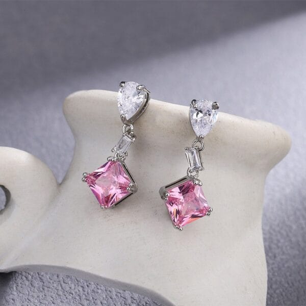 Square pink jewel earrings feminine summer light luxury simple wind water drop color zircon earrings - Image 3
