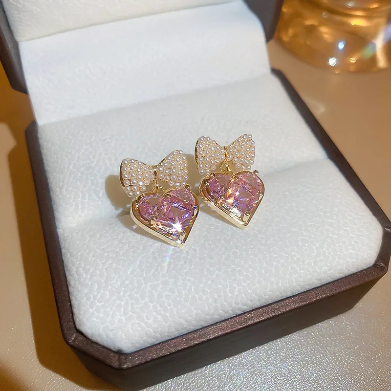 Electroplated silver needle pearl bow zircon earrings Japan and South Korea girl sweet love earrings studs high-grade sense earrings - Image 2