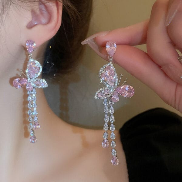 Silver needle zircon pink butterfly water drop long tassel earrings Sen fashion temperament earrings sweet light luxury earrings - Image 3