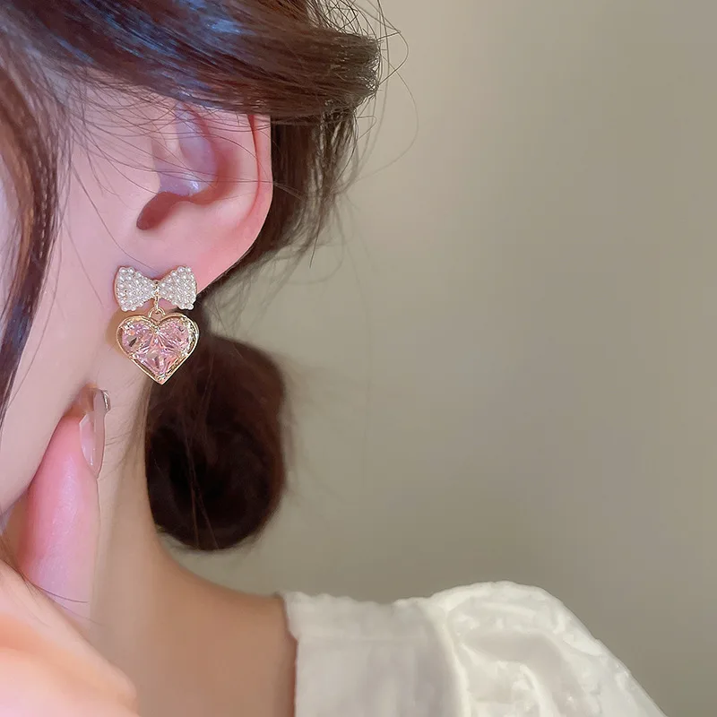 Electroplated silver needle pearl bow zircon earrings Japan and South Korea girl sweet love earrings studs high-grade sense earrings - Image 3