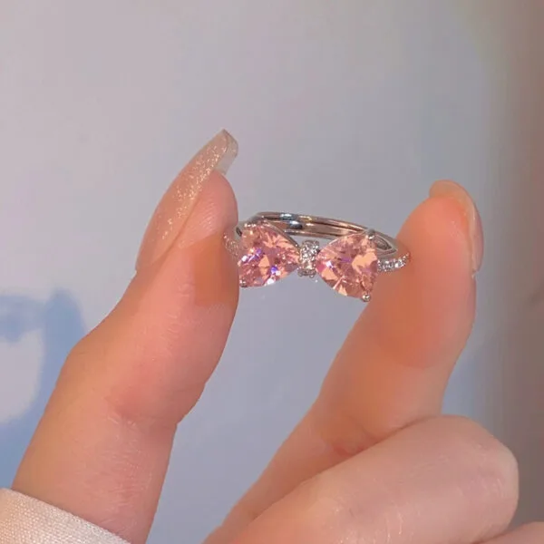 925 Silver Sweet Girl Pink Zircon Bow Ring, Charming Open Ring, Bestseller Pink gemstone ring - Image 2