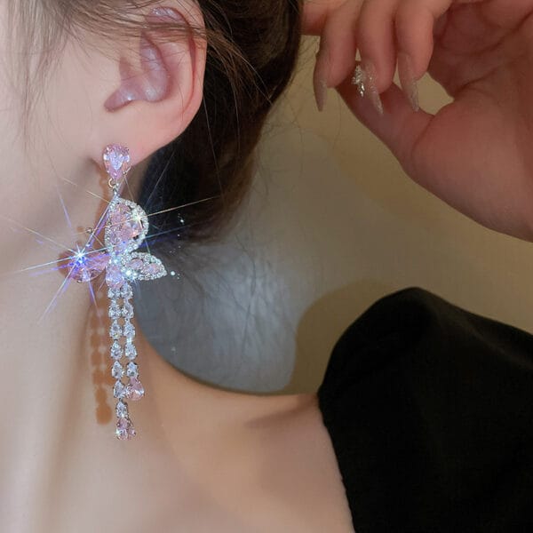 Silver needle zircon pink butterfly water drop long tassel earrings Sen fashion temperament earrings sweet light luxury earrings - Image 4