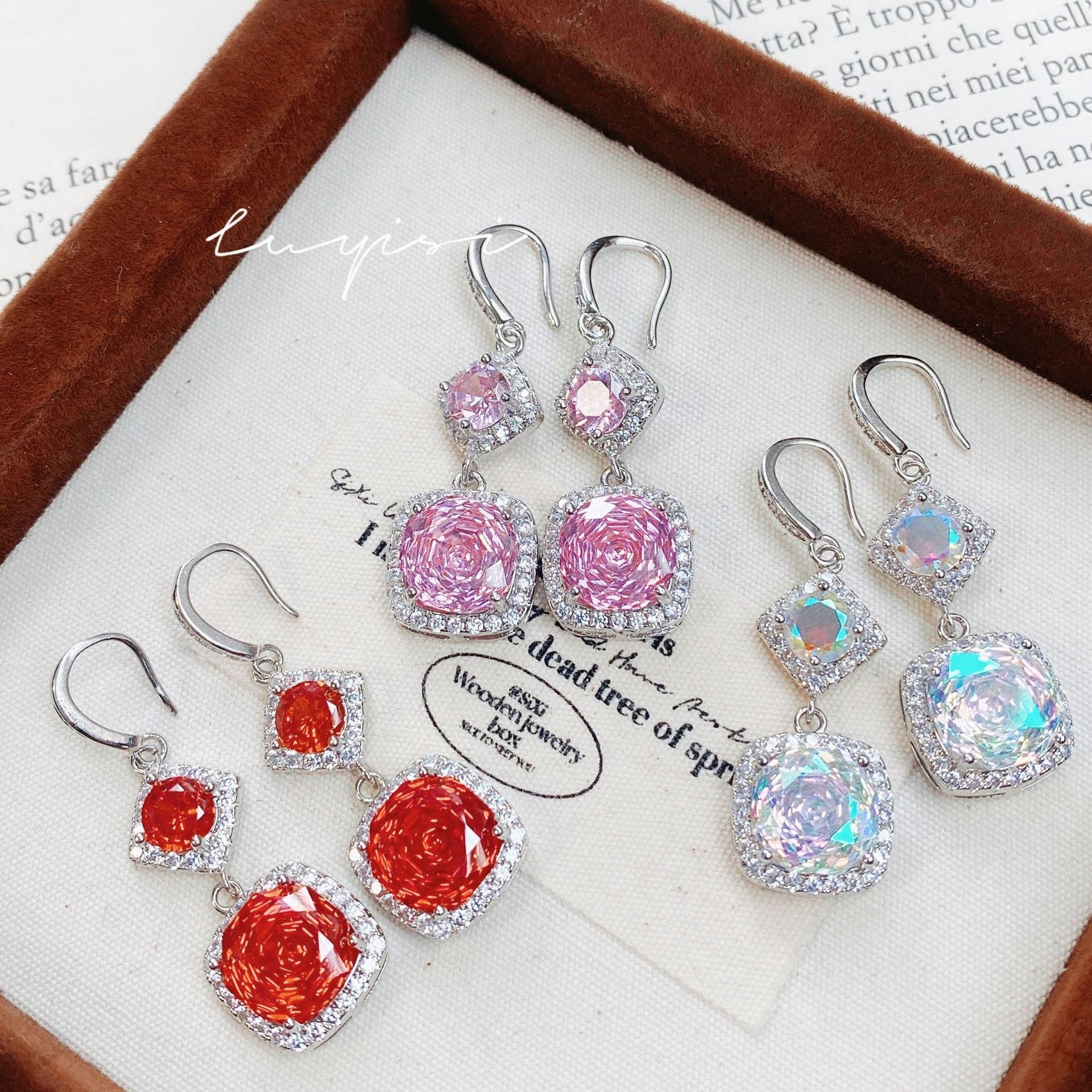 Rose cut red earrings bright pink diamond square earrings Long gradient earrings - Image 3