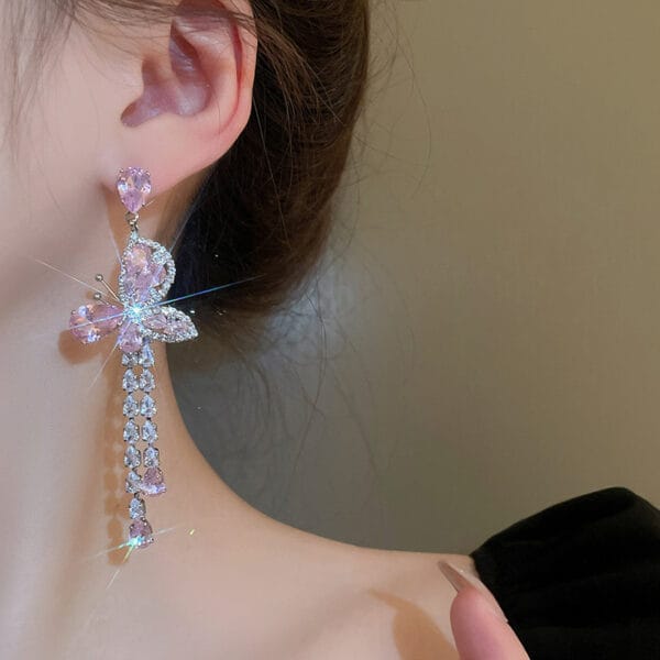 Silver needle zircon pink butterfly water drop long tassel earrings Sen fashion temperament earrings sweet light luxury earrings - Image 5