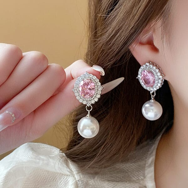 Silver needle high sense girl powder zircon pearl earrings light luxury all-matching earrings high sense temperament fashion earrings - Image 4