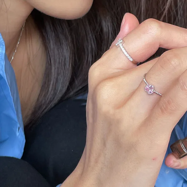 S925 Silver Love Ring Pink Heart Zircon Pink gem ring Daily commuter temperament female ring sweet - Image 4