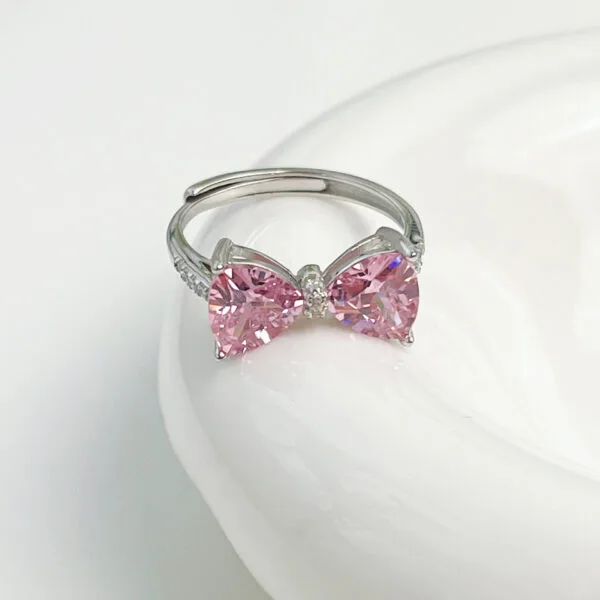 925 Silver Sweet Girl Pink Zircon Bow Ring, Charming Open Ring, Bestseller Pink gemstone ring