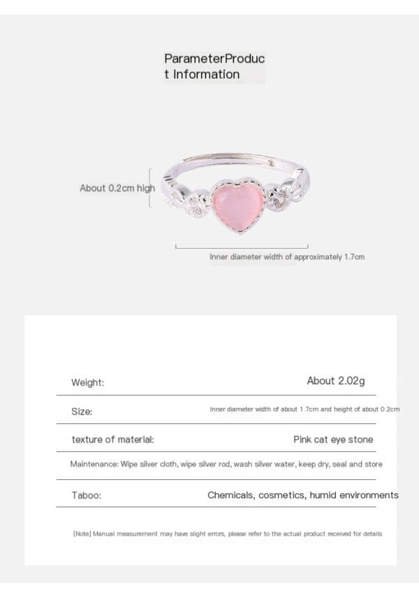 Korean version pink cat's eye stone heart-shaped ring, niche fashion ring, sweet peach heart ring for index finger, Qixi Festival gift - Image 2
