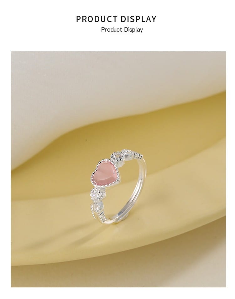 Korean version pink cat's eye stone heart-shaped ring, niche fashion ring, sweet peach heart ring for index finger, Qixi Festival gift - Image 3