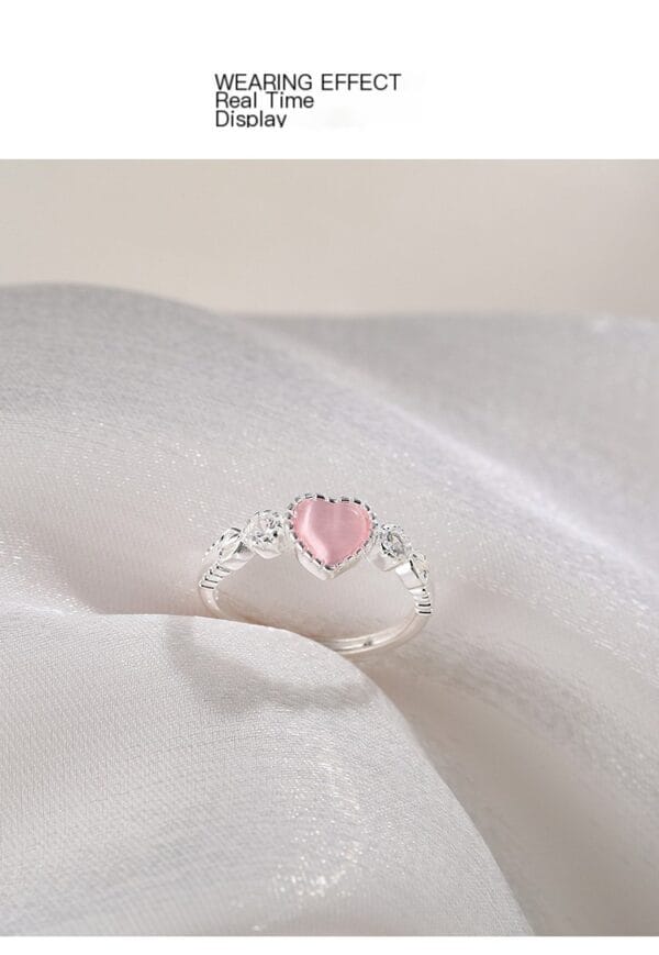Korean version pink cat's eye stone heart-shaped ring, niche fashion ring, sweet peach heart ring for index finger, Qixi Festival gift - Image 7